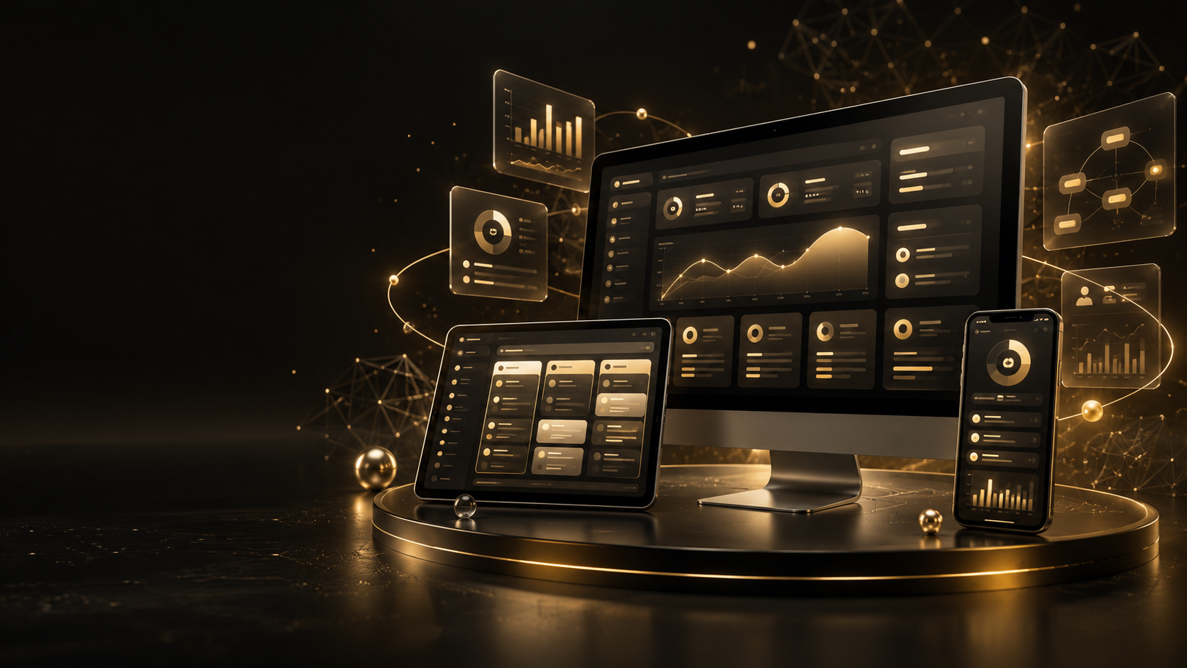 A cinematic example of a connected Business OS across desktop, tablet and mobile